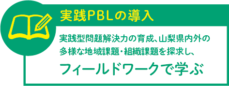 実践PBLの導入 実践型問題解決力の育成、山梨県内外の多様な地域課題・組織課題を探求し、 フィールドワークで学ぶ